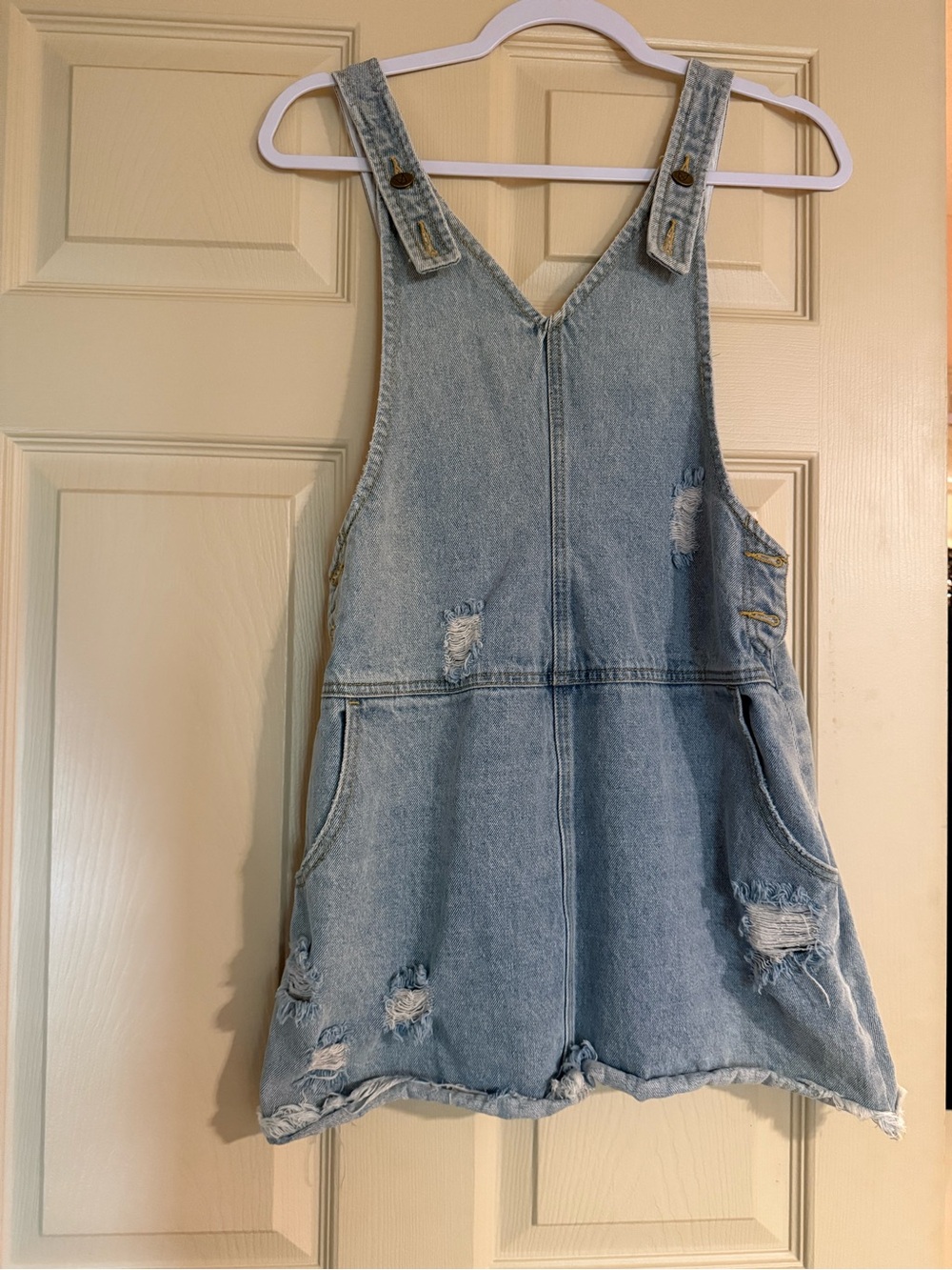 Light Blue Distressed Denim Pinafore Mini Dress